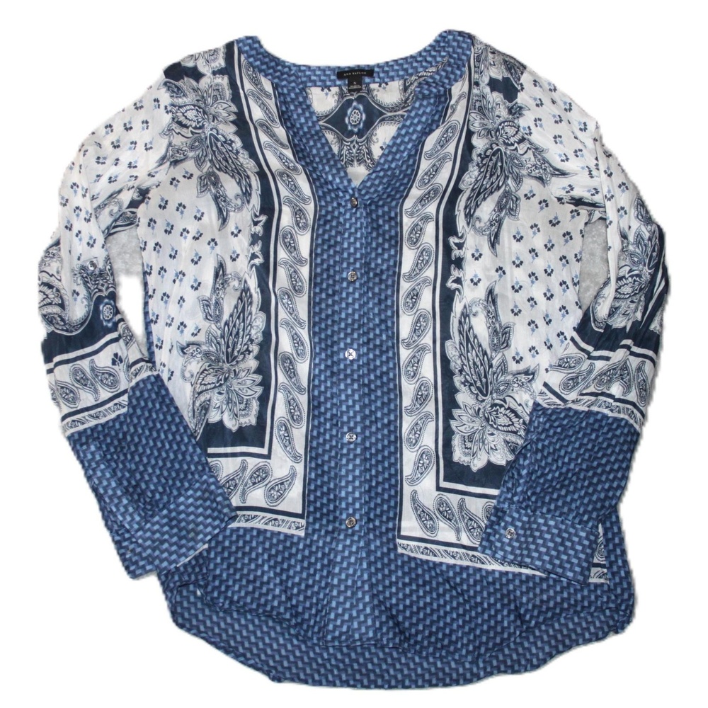 Ann Taylor Shirt Womens S Blue Paisley Button-Up Tunic Lightweight Casual